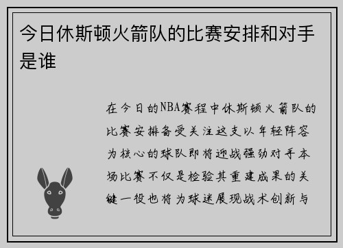 今日休斯顿火箭队的比赛安排和对手是谁
