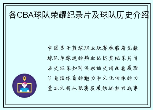 各CBA球队荣耀纪录片及球队历史介绍