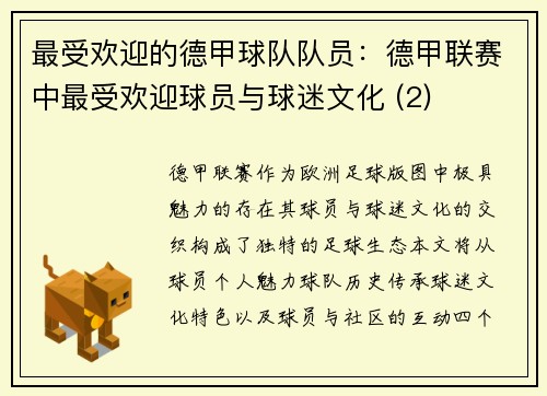 最受欢迎的德甲球队队员：德甲联赛中最受欢迎球员与球迷文化 (2)